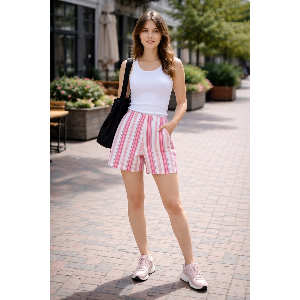 Lands' End Chino Shorts Womens 12 Pink Orange Mint Green‎ Striped Elastic Back
